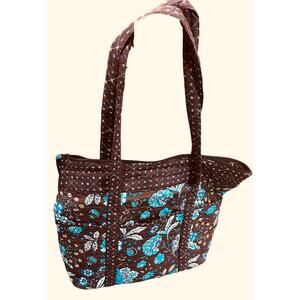 Floral Large Tote Bag in Brown , Blues, White, and Tan. 17” x 14” x 5.5”